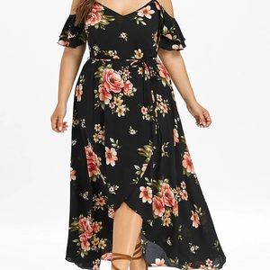 Plus Size Floral Maxi Off the Shoulder Ruffle Sleeves Maxi Dress with Slit